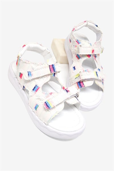 Rahat Kalıp Renk Desenli Çift Cırtlı Sandalet Çocuk Unisex Beyaz Sandalet TBGRFS109