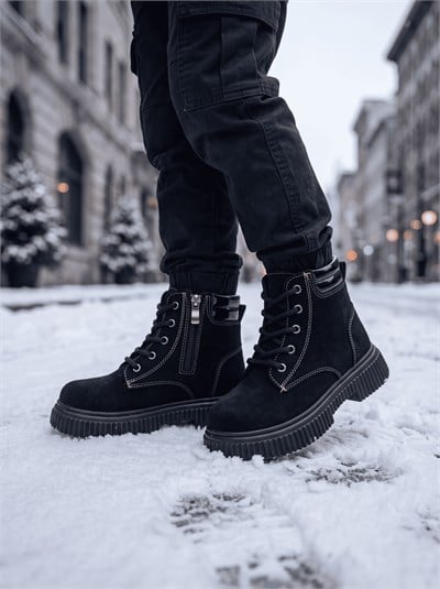 Rahat Kalıp Termo Taban Bağcıklı Bot Çocuk Unisex Siyah Süet Bot TBGRF130F