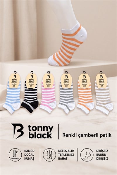 Renkli  Bambu 6'lı  Patik Çorap Kadın Çok Renkli Çorap TB4090