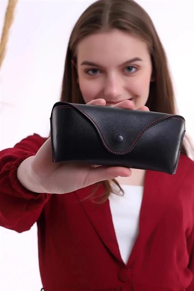 Suni Deri Çıtçıt Kapamalı Unisex Siyah Sert Gözlük Kılıfı PWGZKB005