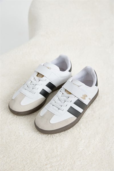 Termo Taban Yanı Şeritli Cırtlı Bağcıklı Sneaker Çocuk Unisex Beyaz Siyah Sneaker TBZER040