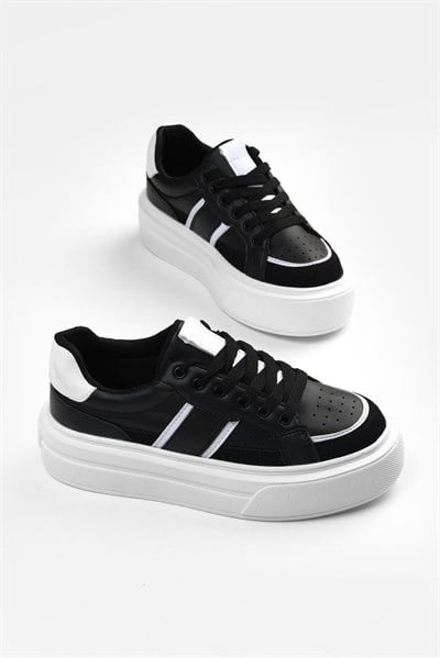 Yüksek Tabanlı Rahat Bağcıklı Sneaker Kadın Siyah Sneaker TBFTH1903