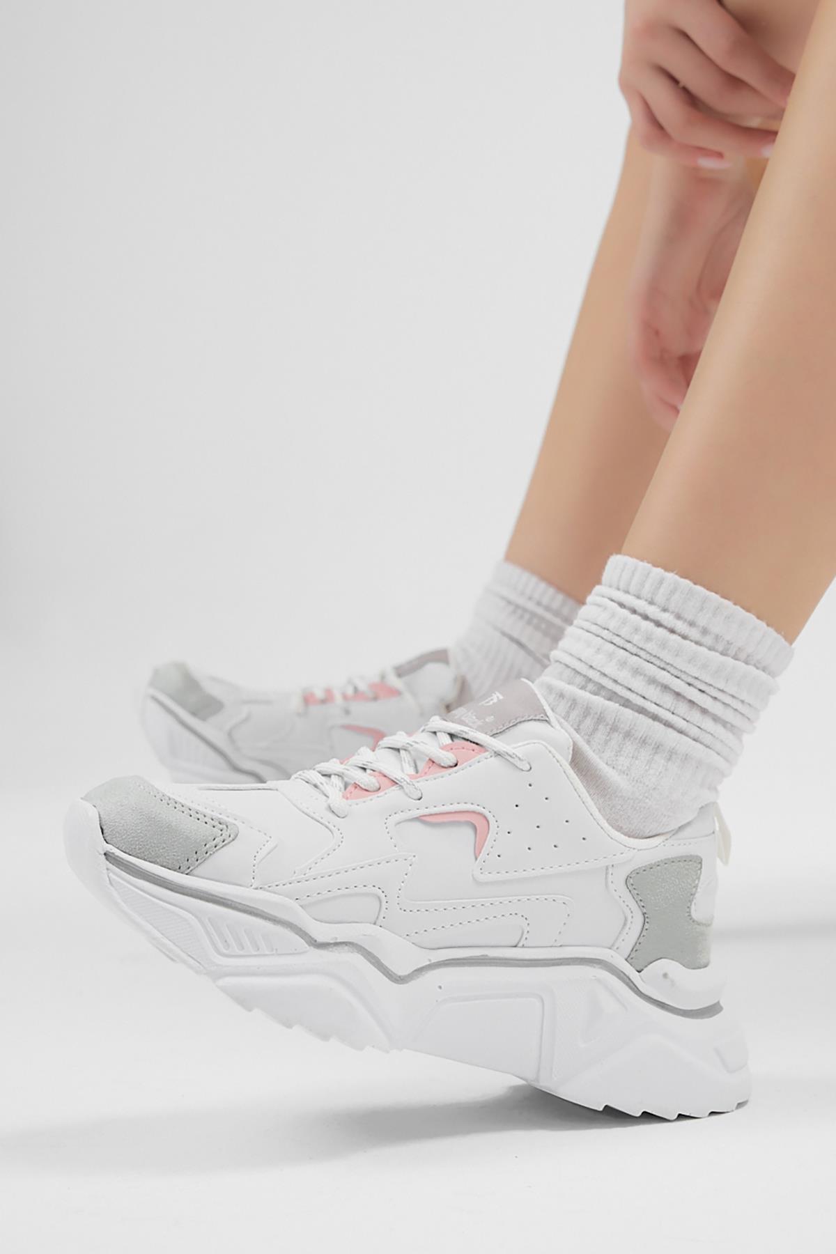 Rahat Kalıp Yüksek Taban Bağcıklı Kadın Beyaz Gri Spor Ayakkabı