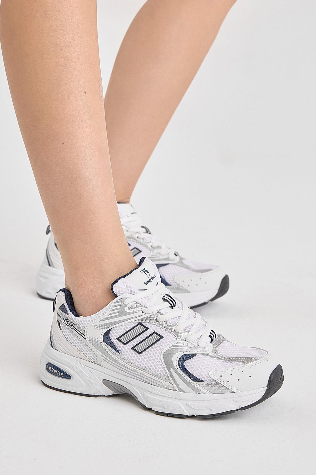 Yüksek Faylon Taban Fileli Desenli Unisex Beyaz Lacivert Spor