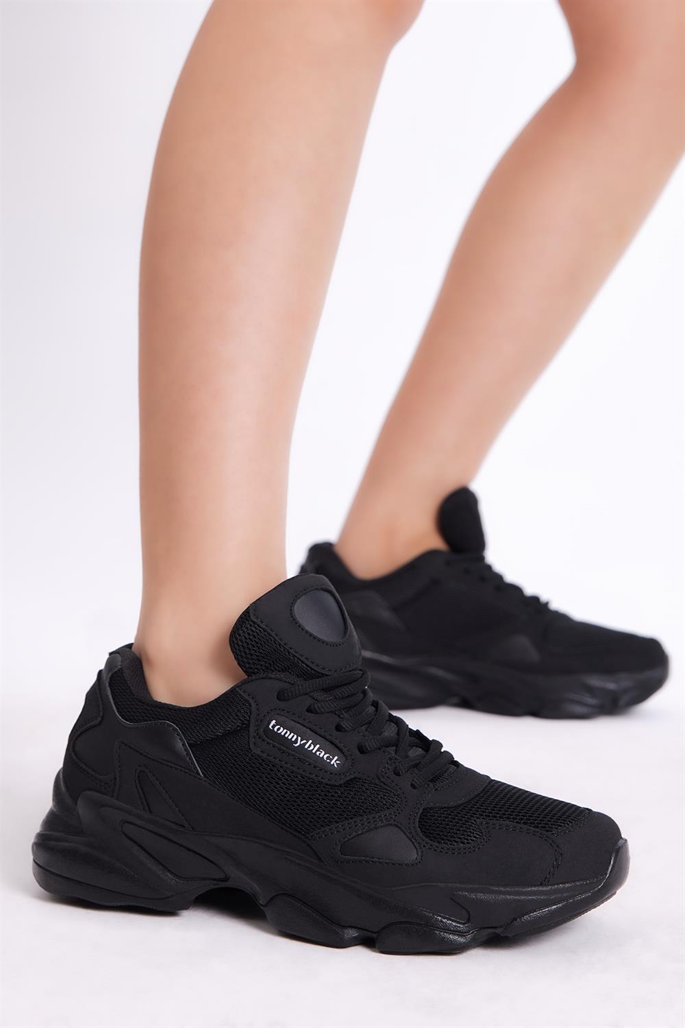 Rahat Kalıp Yüksek Taban Bağcıklı Unisex Siyah Siyah Spor Ayakkabı
