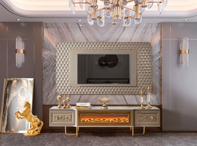 Lounge Nehir Kumu Duvar Ünitesi Şömineli Alt Blok