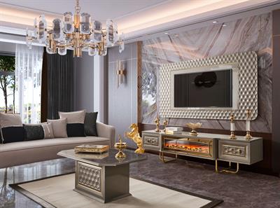 Lounge Nehir Kumu Duvar Ünitesi Şömineli Alt Blok