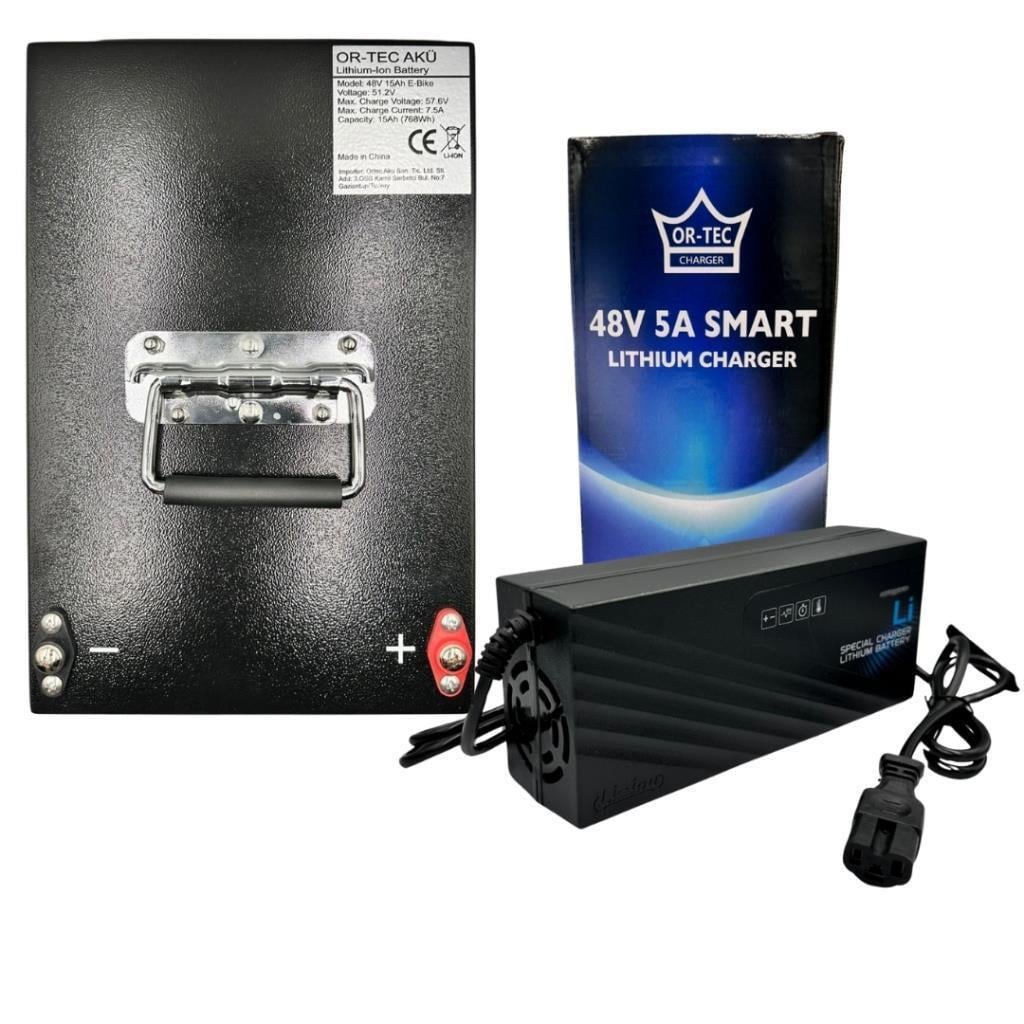 ORTEC 48V 15AH Lityum LiFePO4 Elektrikli Motosiklet Batarya + 48V 5A Lityum Şarj Aleti 