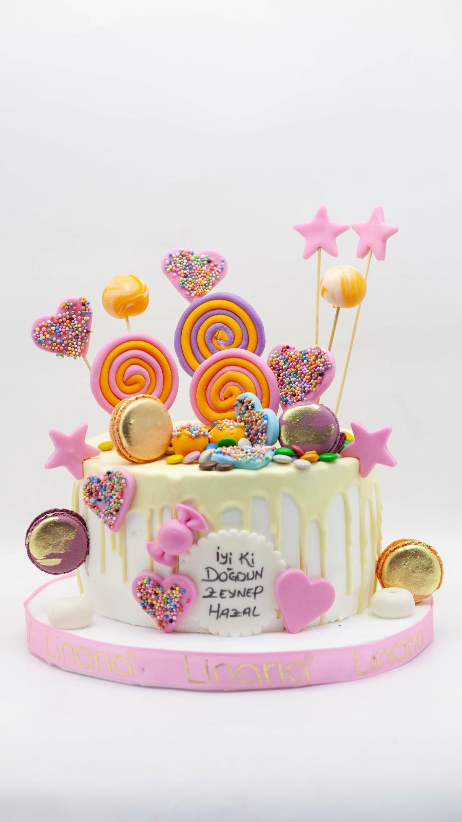 Gökkuşağı Macaron & Lolipop Doğum Günü Pastası