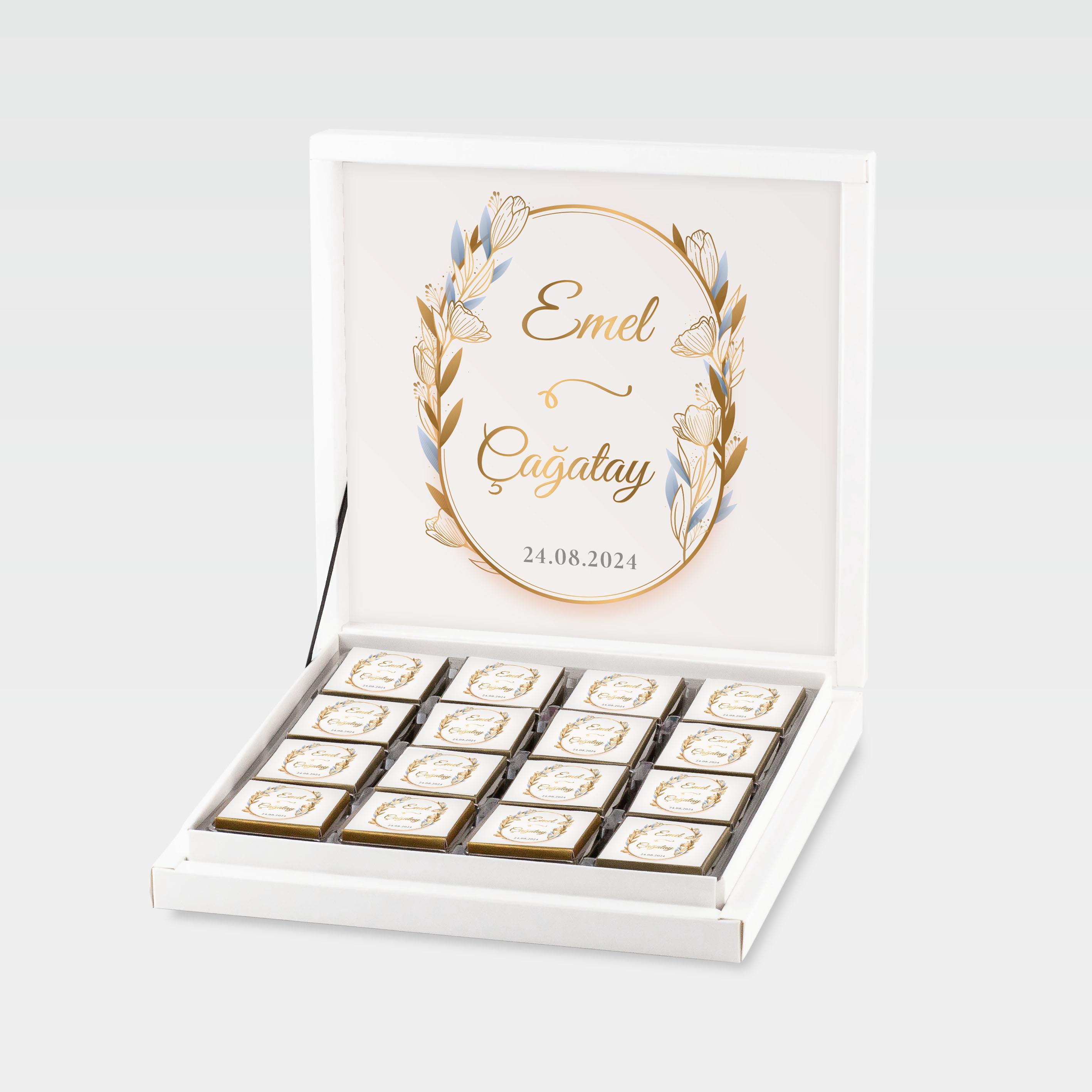 Gold Oval Çerçeveli Mavi Çiçek TemalıSöz/Nişan Çikolatası 