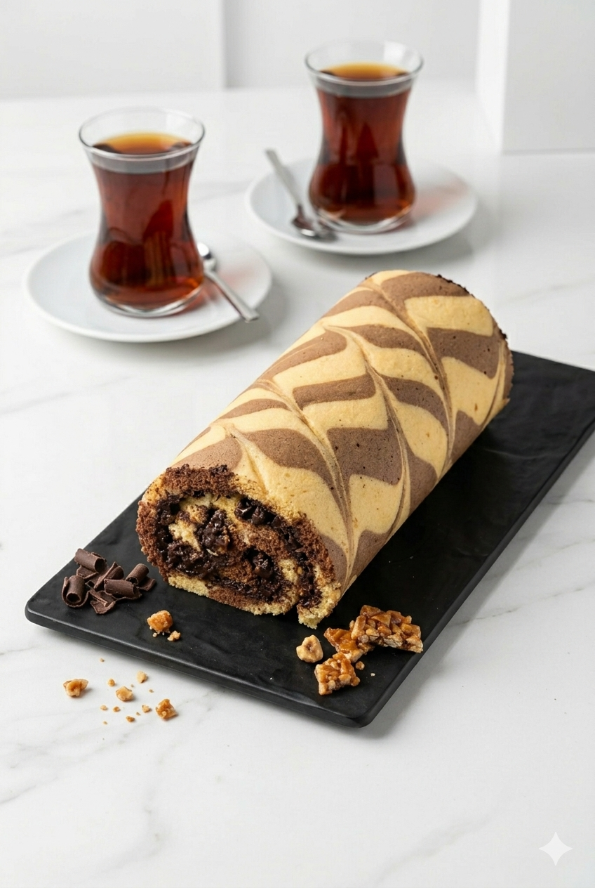 Krokanlı Çikolatalı Mozaik Rulo Pasta