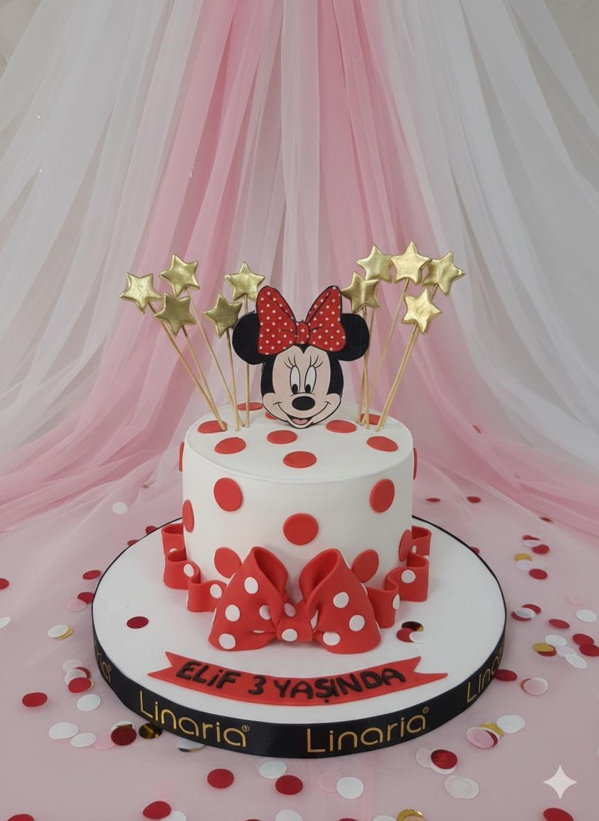 Minnie Mouse Kırmızı Kurdeleli  Doğum Günü Pastası