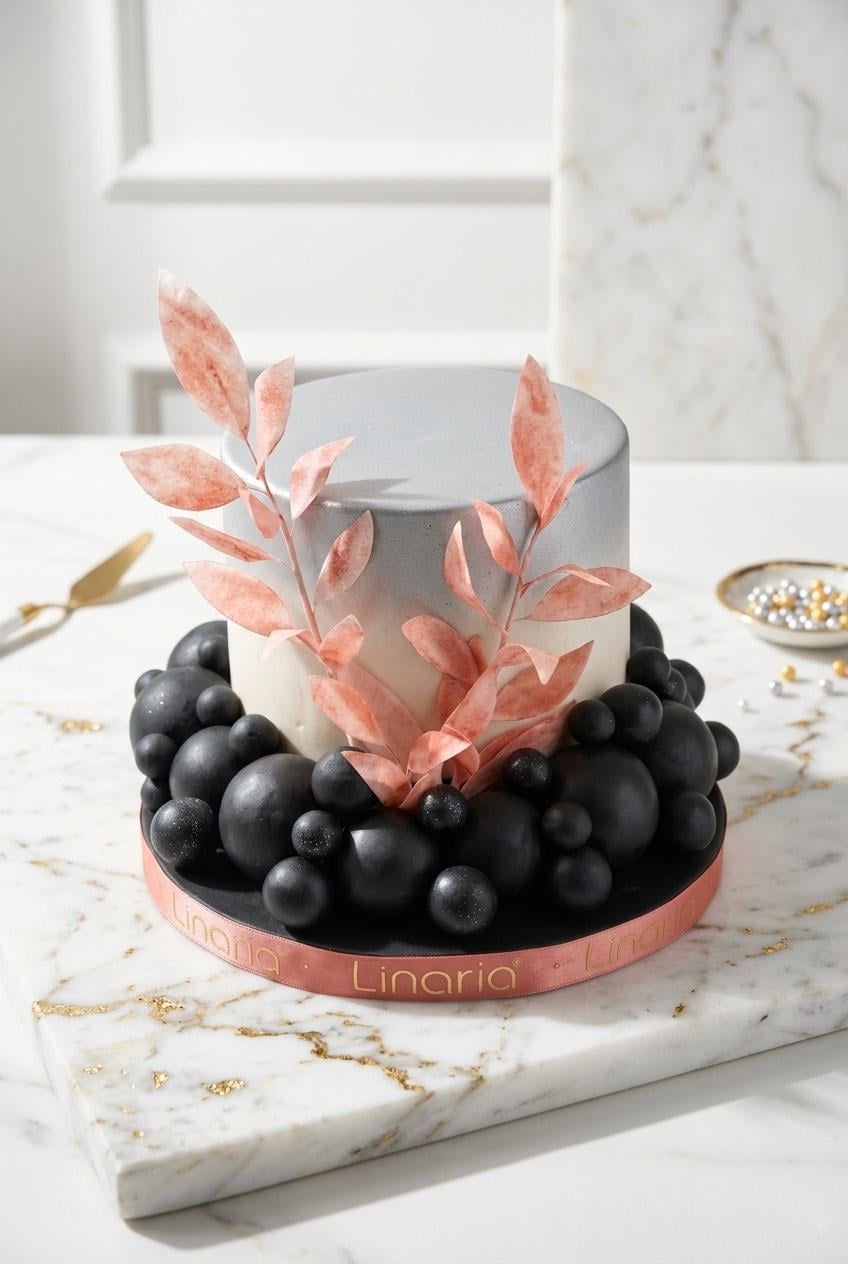 Modern Siyah Küre ve Rose Gold Yaprak Tasarımlı Pasta