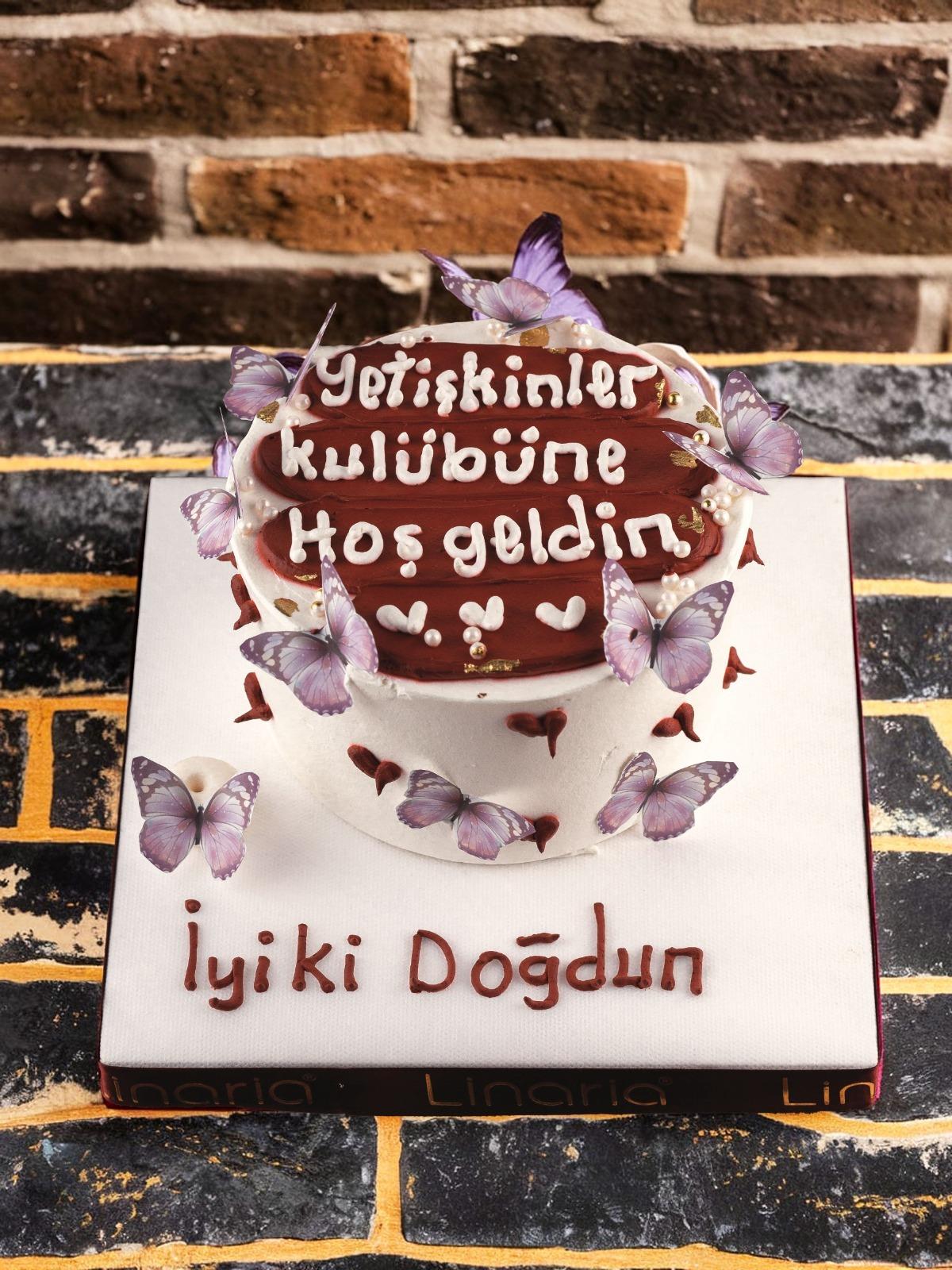 Mor Kelebekli Bordo Renk Aforizma Doğum Günü Pastası
