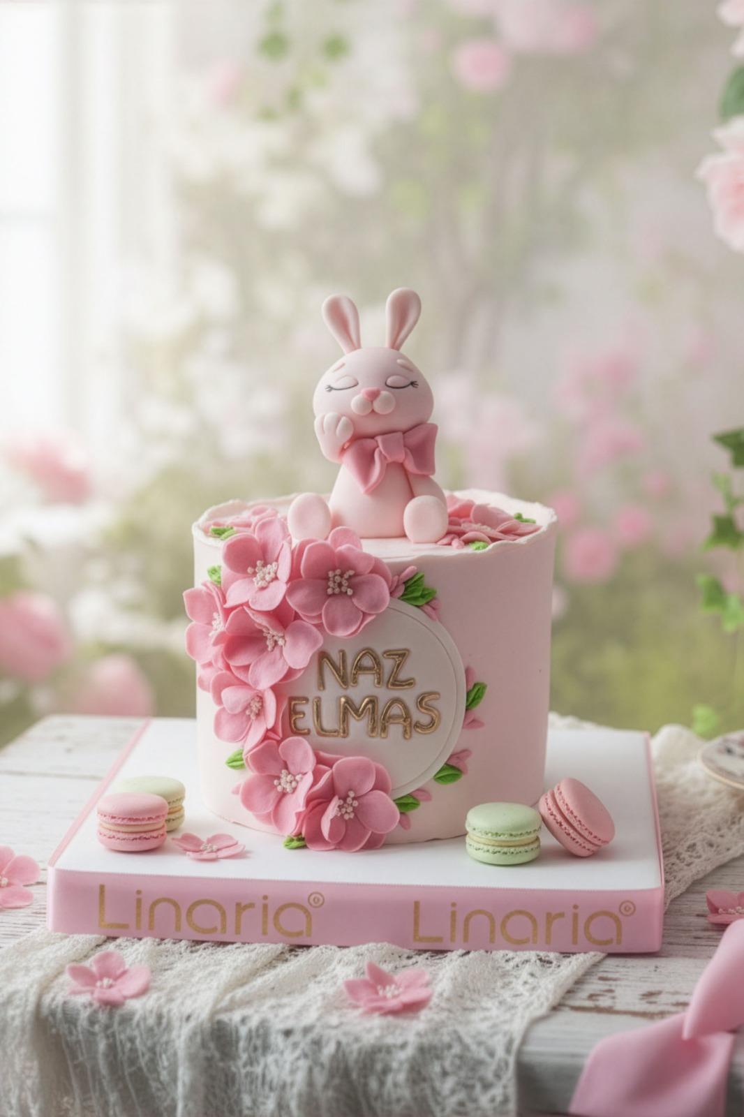Uyuyan Tavşan Pembe Çiçekli  Doğum Günü Pastası