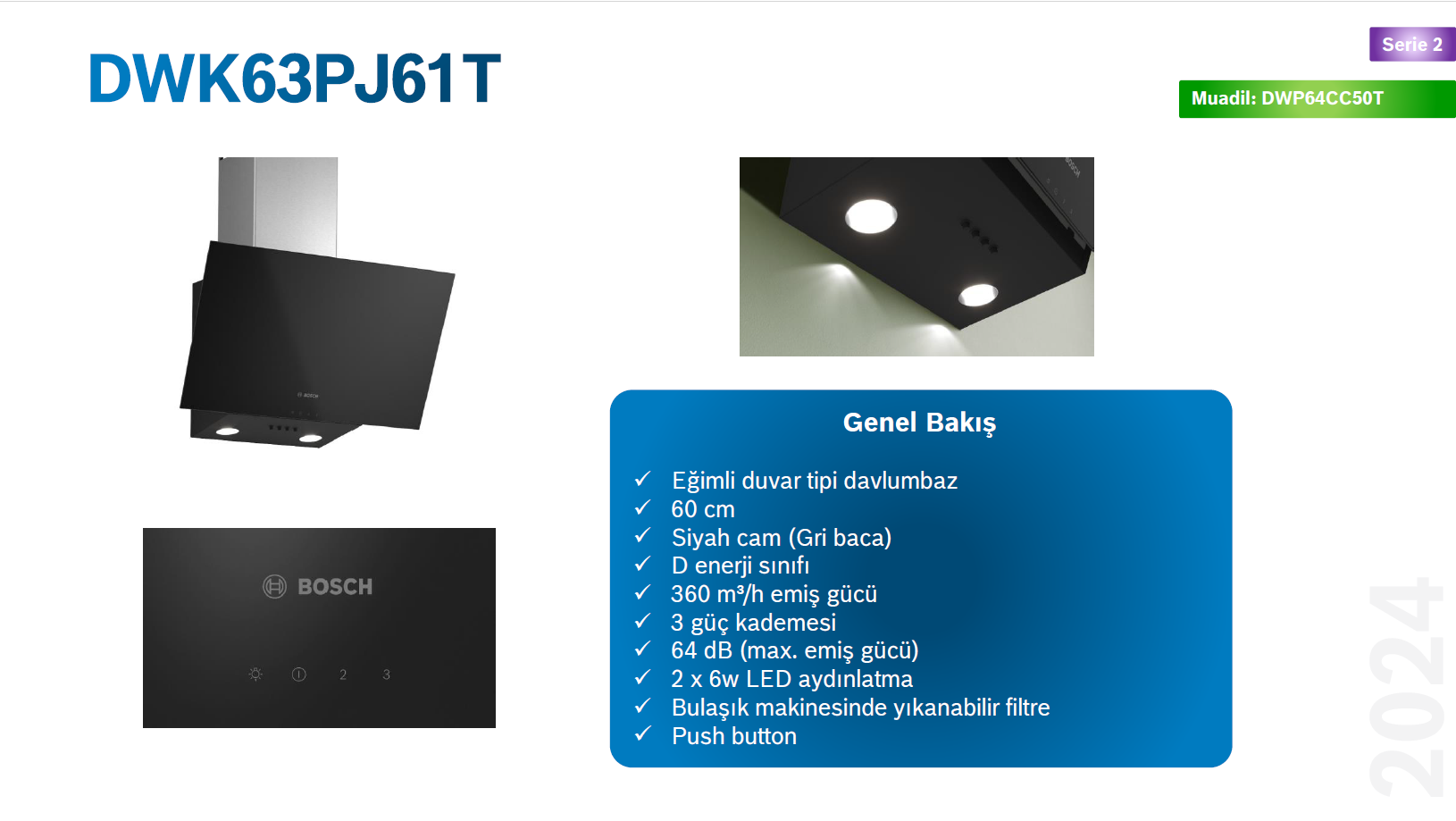 BOSCH DWK63PJ61T Serie 2 Eğimli Cam Davlumbaz