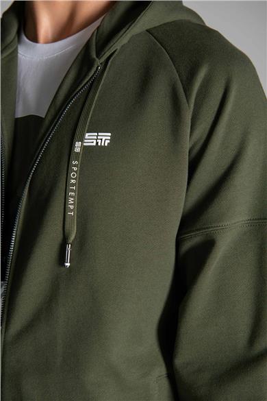 MONOGRAM ŞERİT BASKI DETAYLI FERMUARLI KAPÜŞONLU SWEATSHIRT