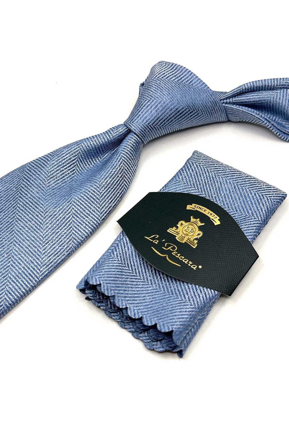 Açık Mavi Kum Desen Mendilli Klasik Kravat KK13487