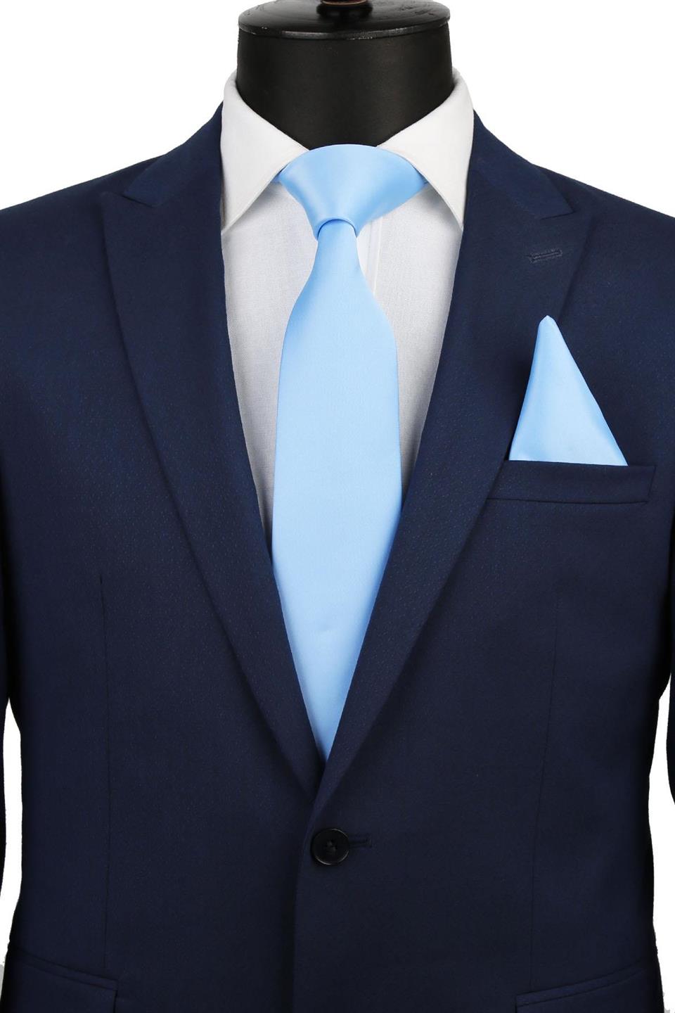 Açık Mavi Mendilli Düz Saten Kravat KK1140