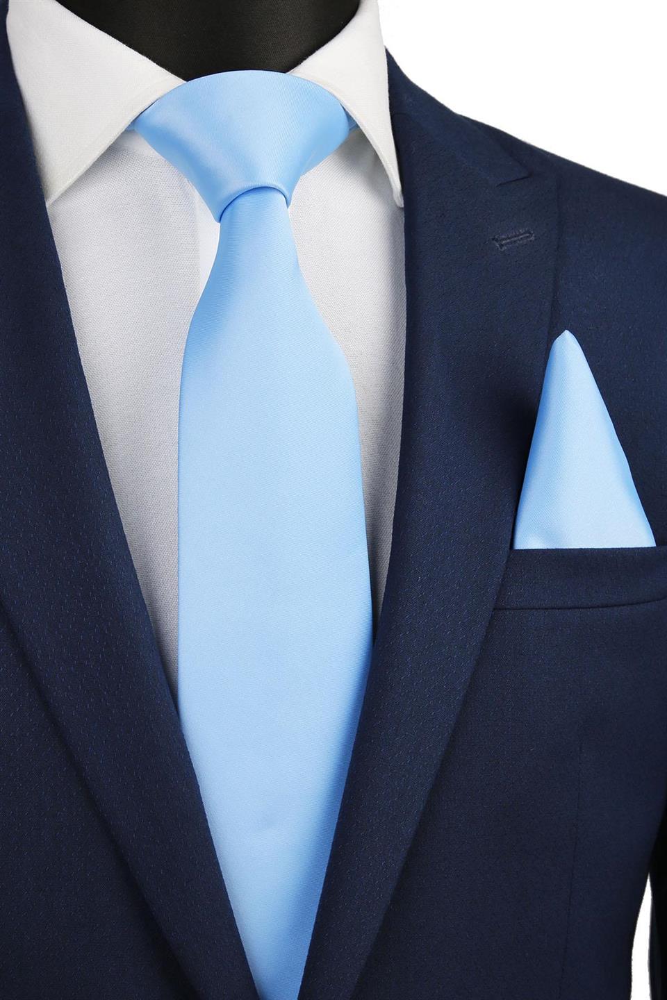 Açık Mavi Mendilli Düz Saten Kravat KK1140