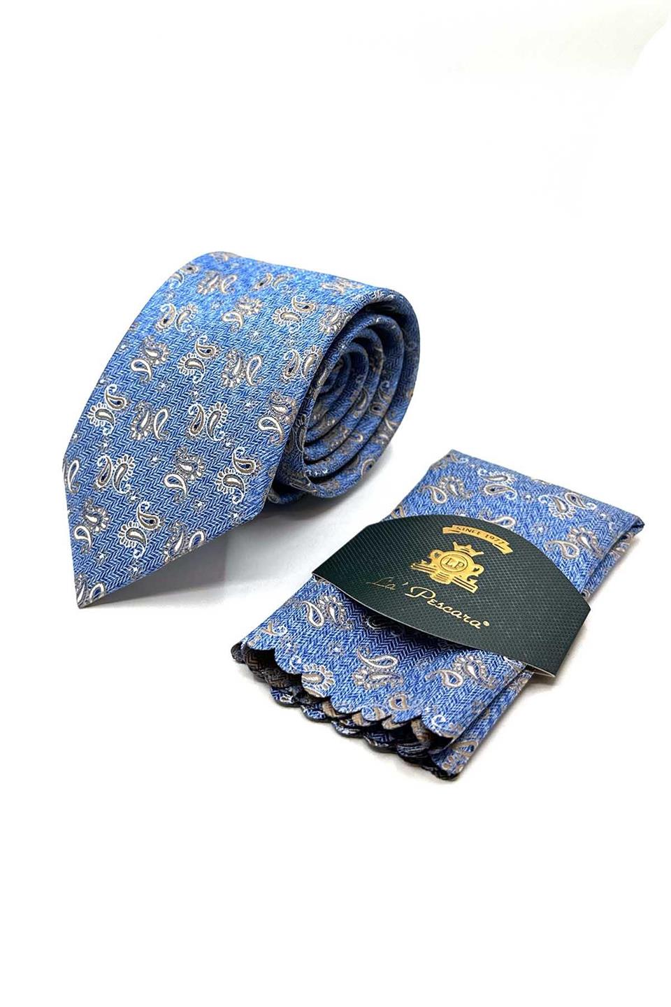 Açık Mavi Şal Desen Mendilli Klasik Kravat KK12927