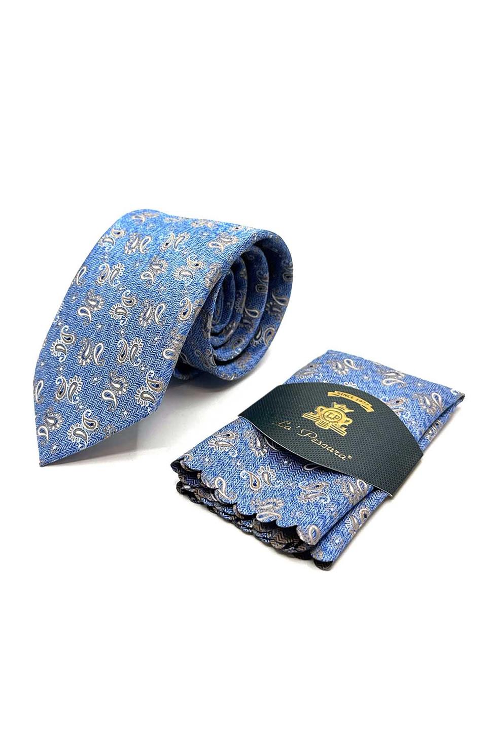 Açık Mavi Şal Desen Mendilli Klasik Kravat KK13115