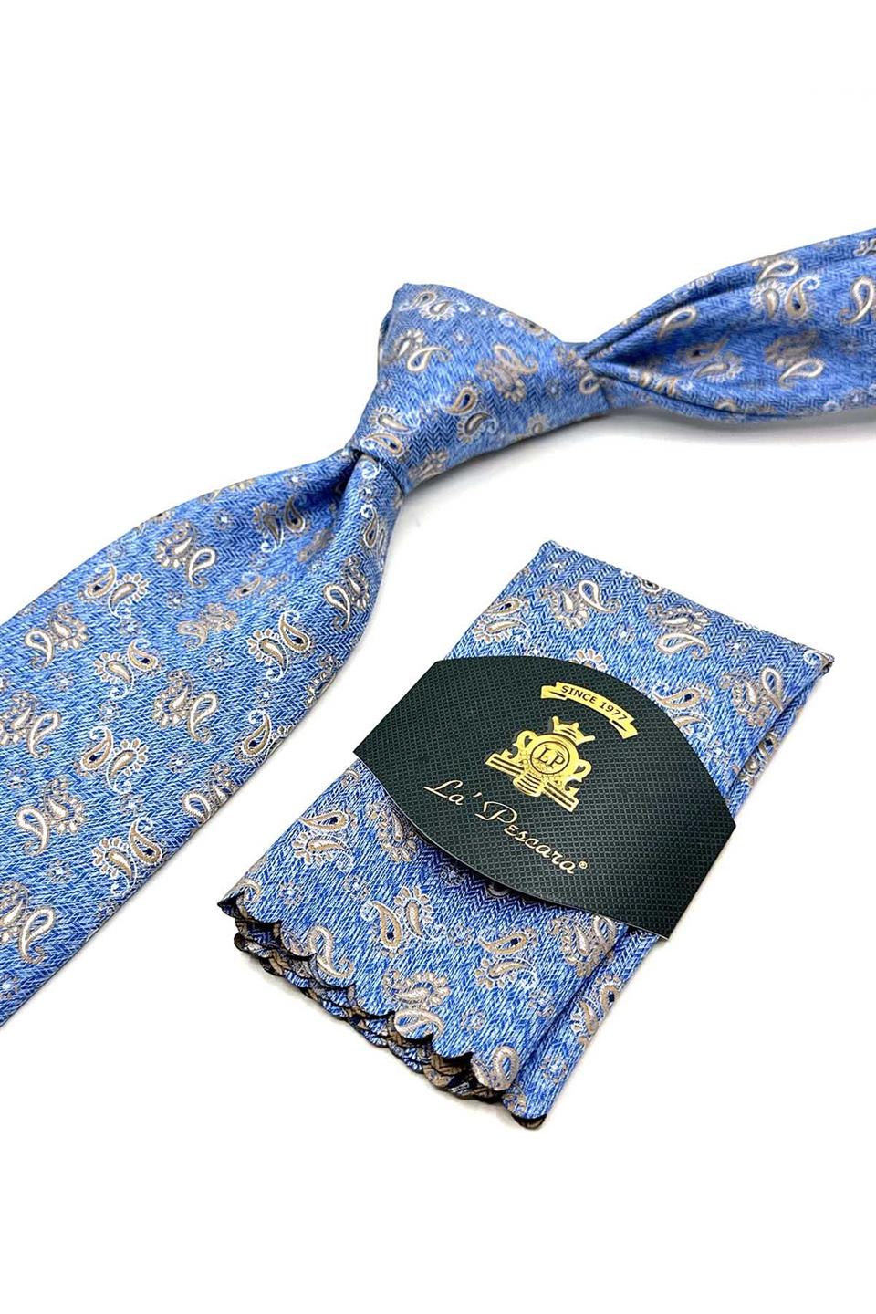 Açık Mavi Şal Desen Mendilli Klasik Kravat KK13115