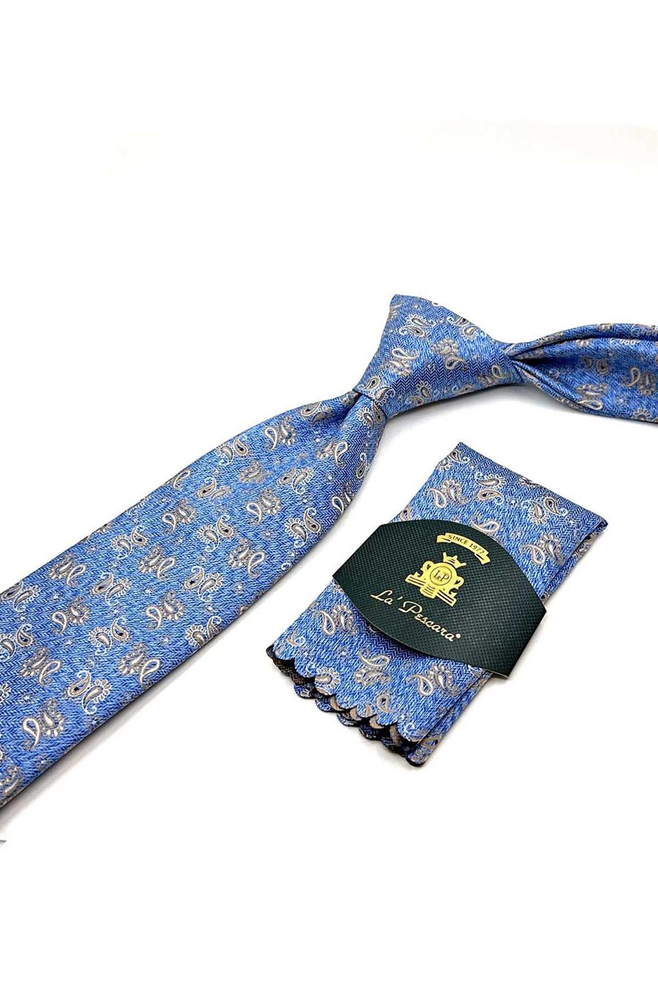 Açık Mavi Şal Desen Mendilli Klasik Kravat KK12927