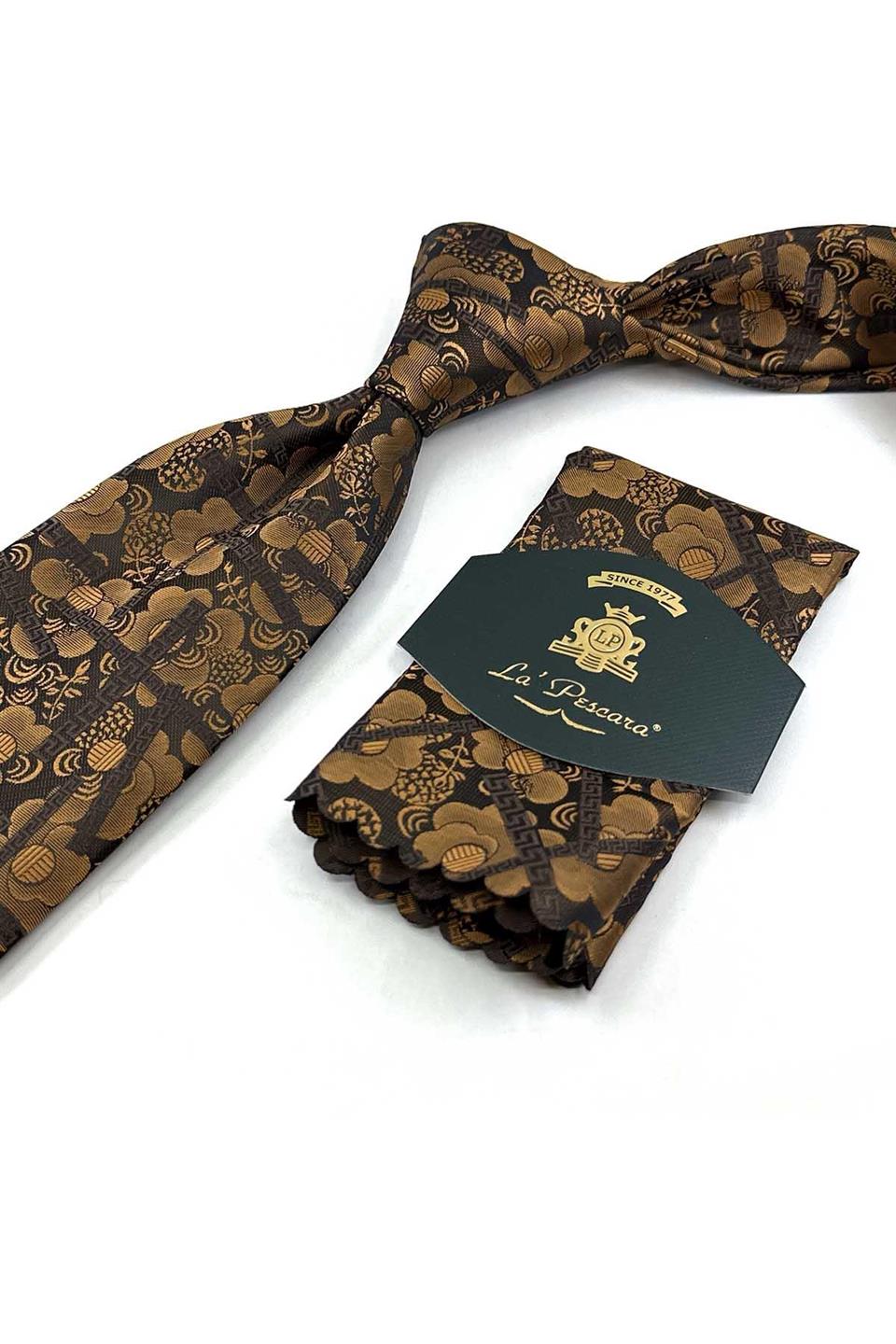 Altın - Kahve Motif Desen Mendilli Klasik Kravat KK13307
