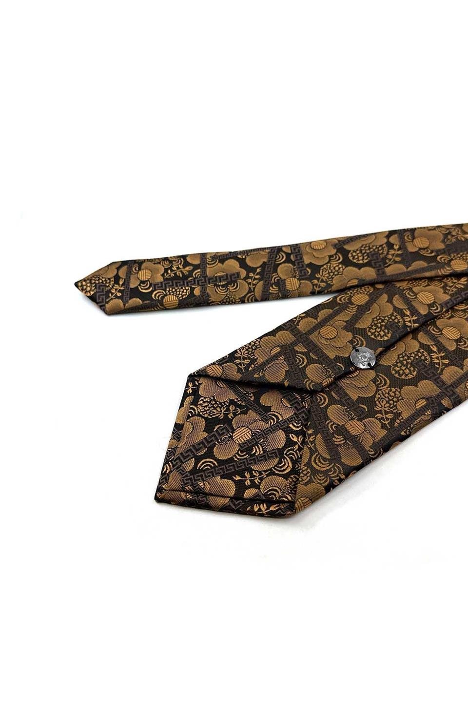 Altın - Kahve Motif Desen Mendilli Klasik Kravat KK13307