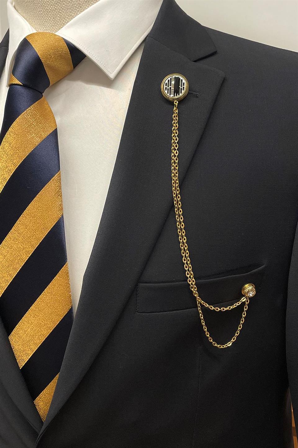 Altın Renk Beyaz Motif Taşlı Zincirli Ceket Yaka İğnesi YI400