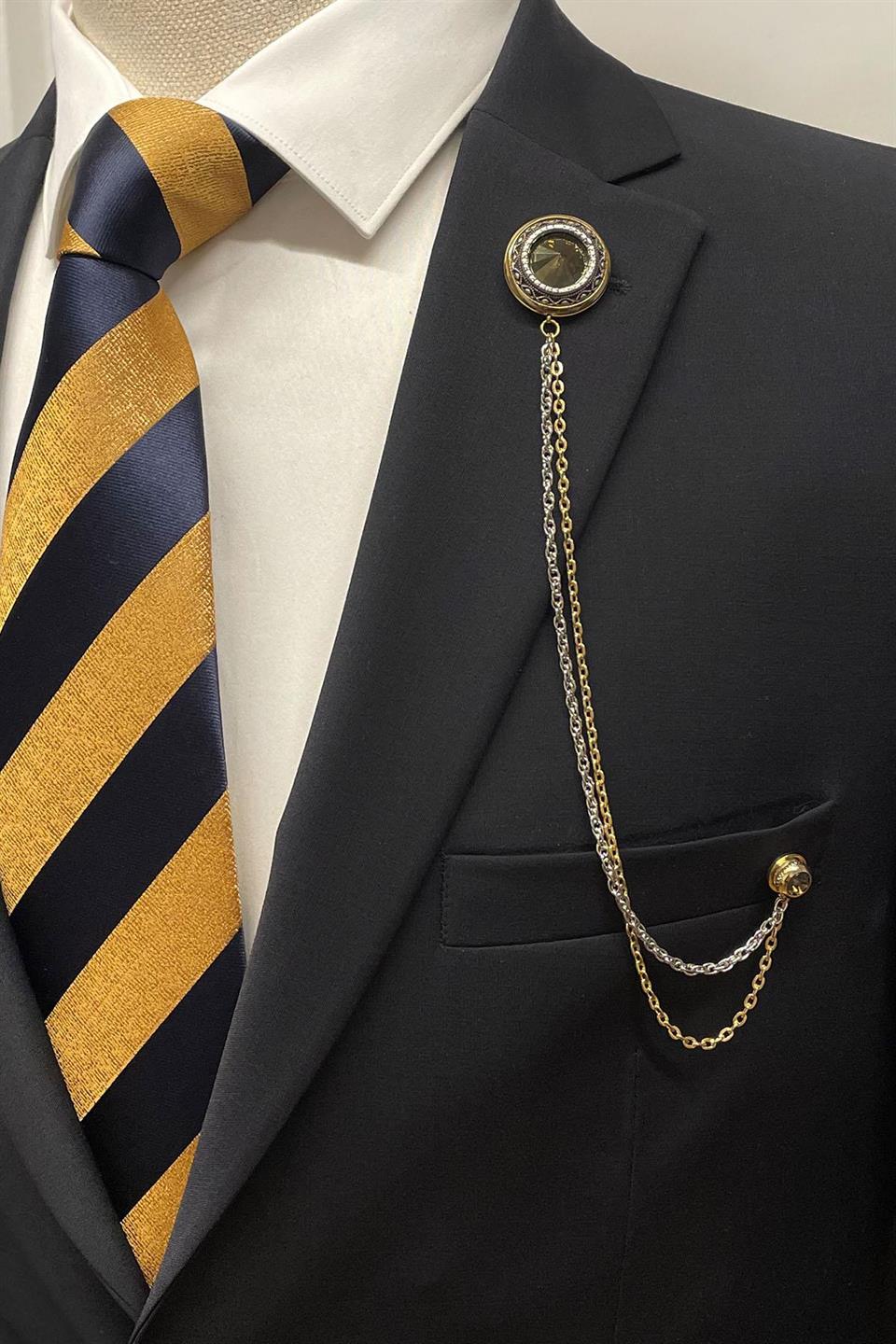 Altın Renk Büyük Taşlı Zincirli Ceket Yaka İğnesi YI407