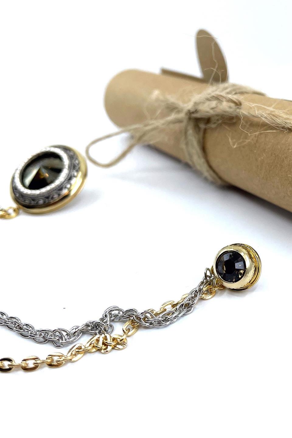 Altın Renk Büyük Taşlı Zincirli Ceket Yaka İğnesi YI407