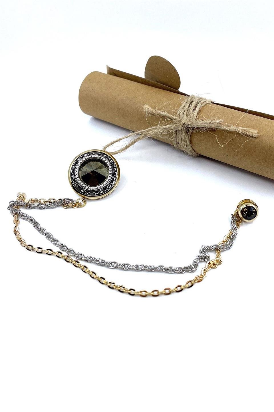 Altın Renk Büyük Taşlı Zincirli Ceket Yaka İğnesi YI407