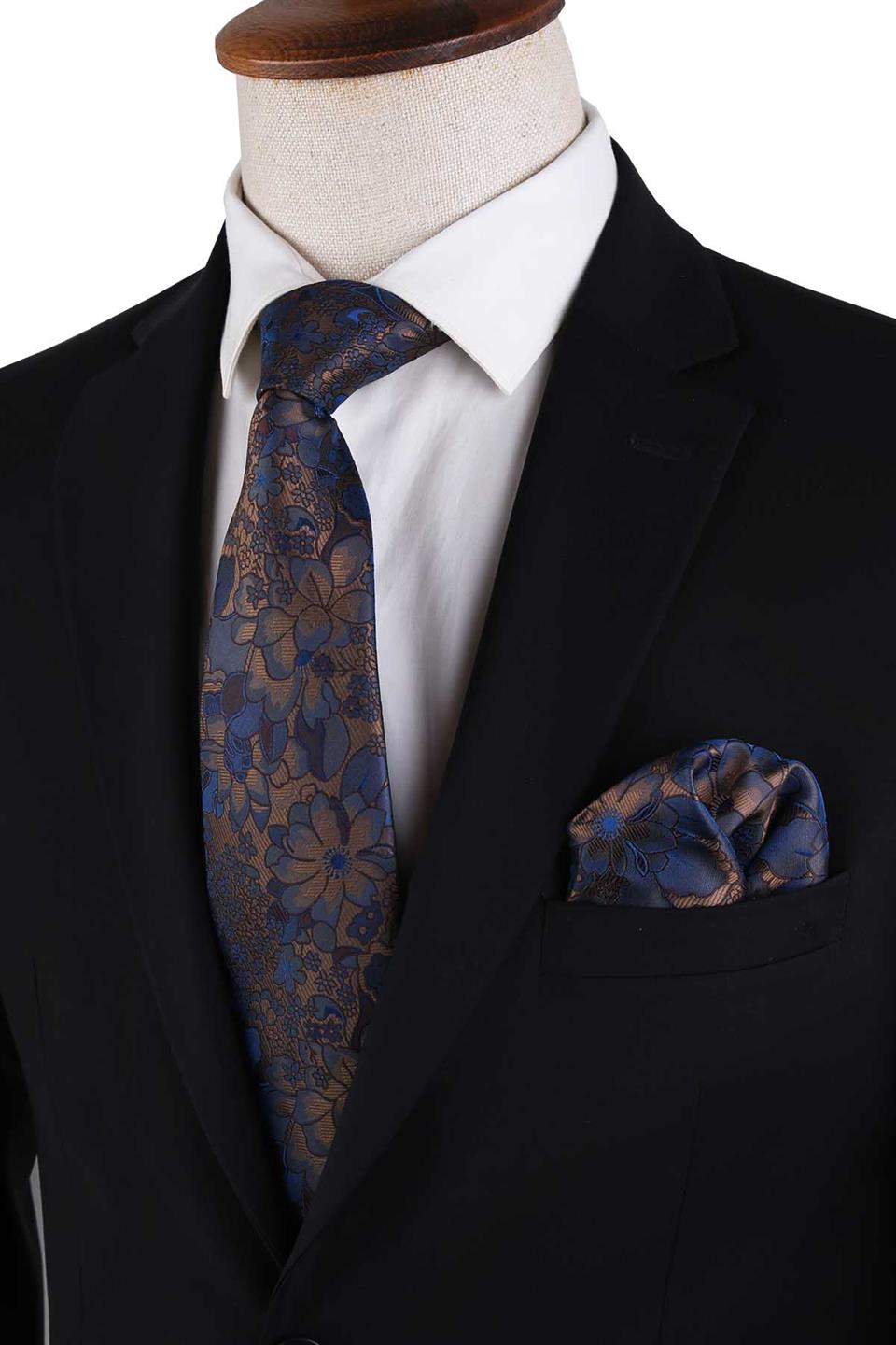 Altın Renk Çiçek Desen Mendilli Klasik Kravat KK12949