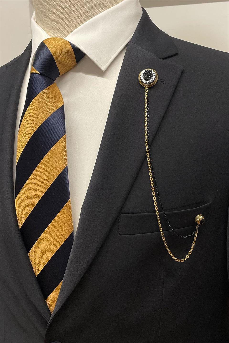 Altın Renk Defne Motif Siyah Zincirli Ceket Yaka İğnesi YI399