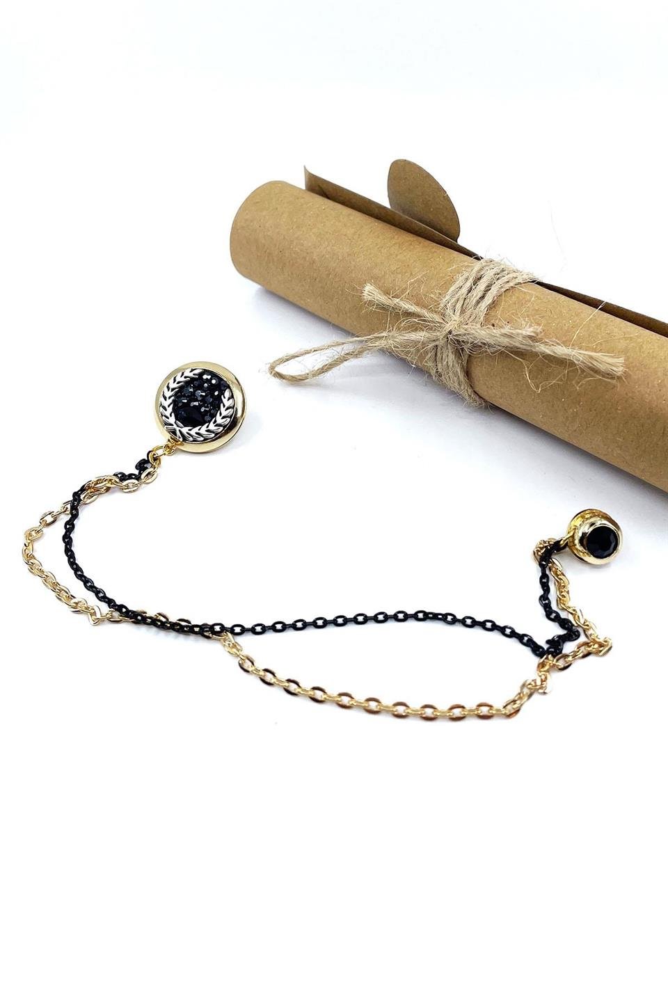 Altın Renk Defne Motif Siyah Zincirli Ceket Yaka İğnesi YI399