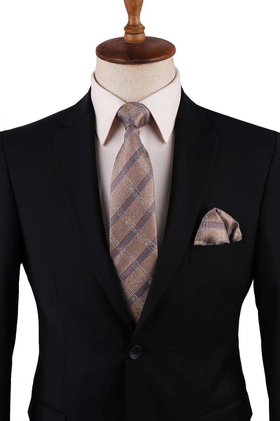 Altın Renk Ekose Desen Mendilli Klasik Kravat KK10762