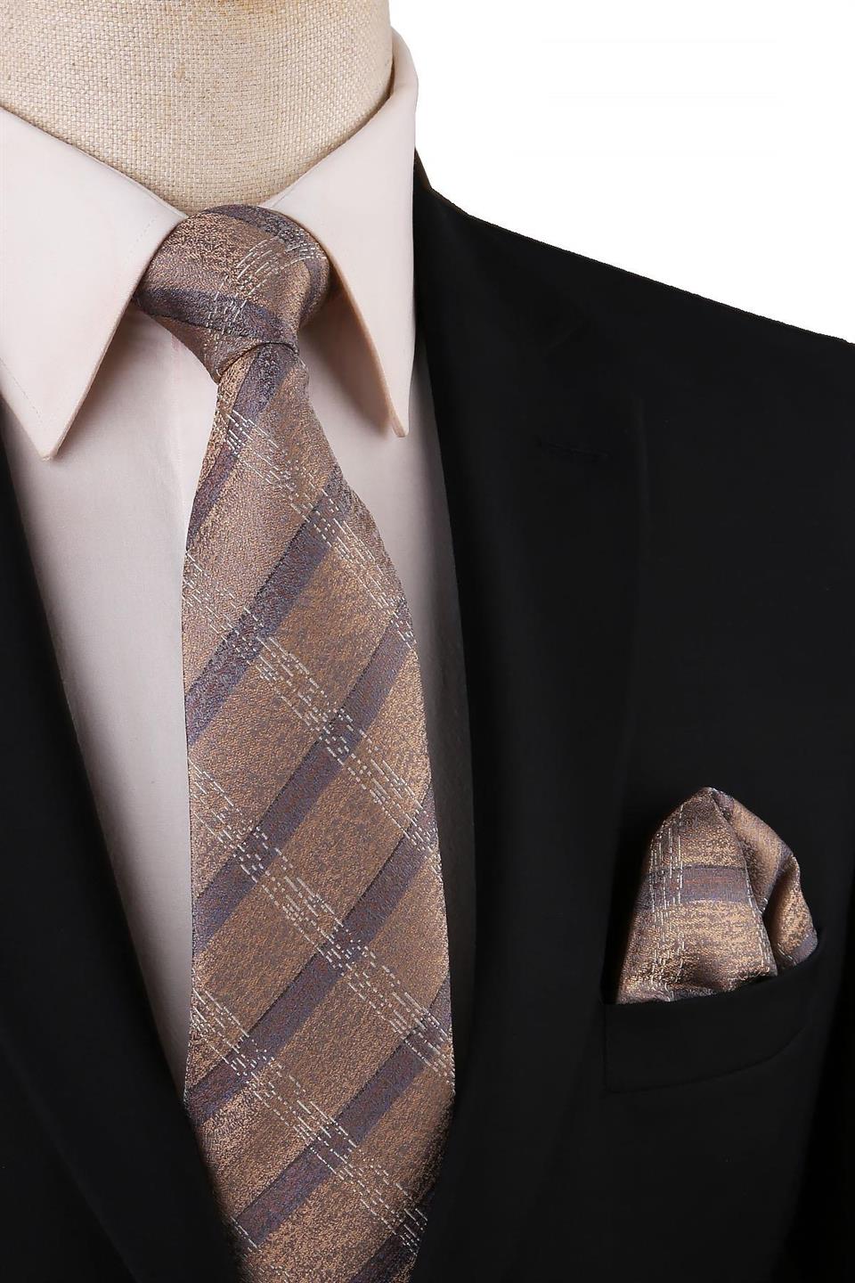 Altın Renk Ekose Desen Mendilli Klasik Kravat KK10762