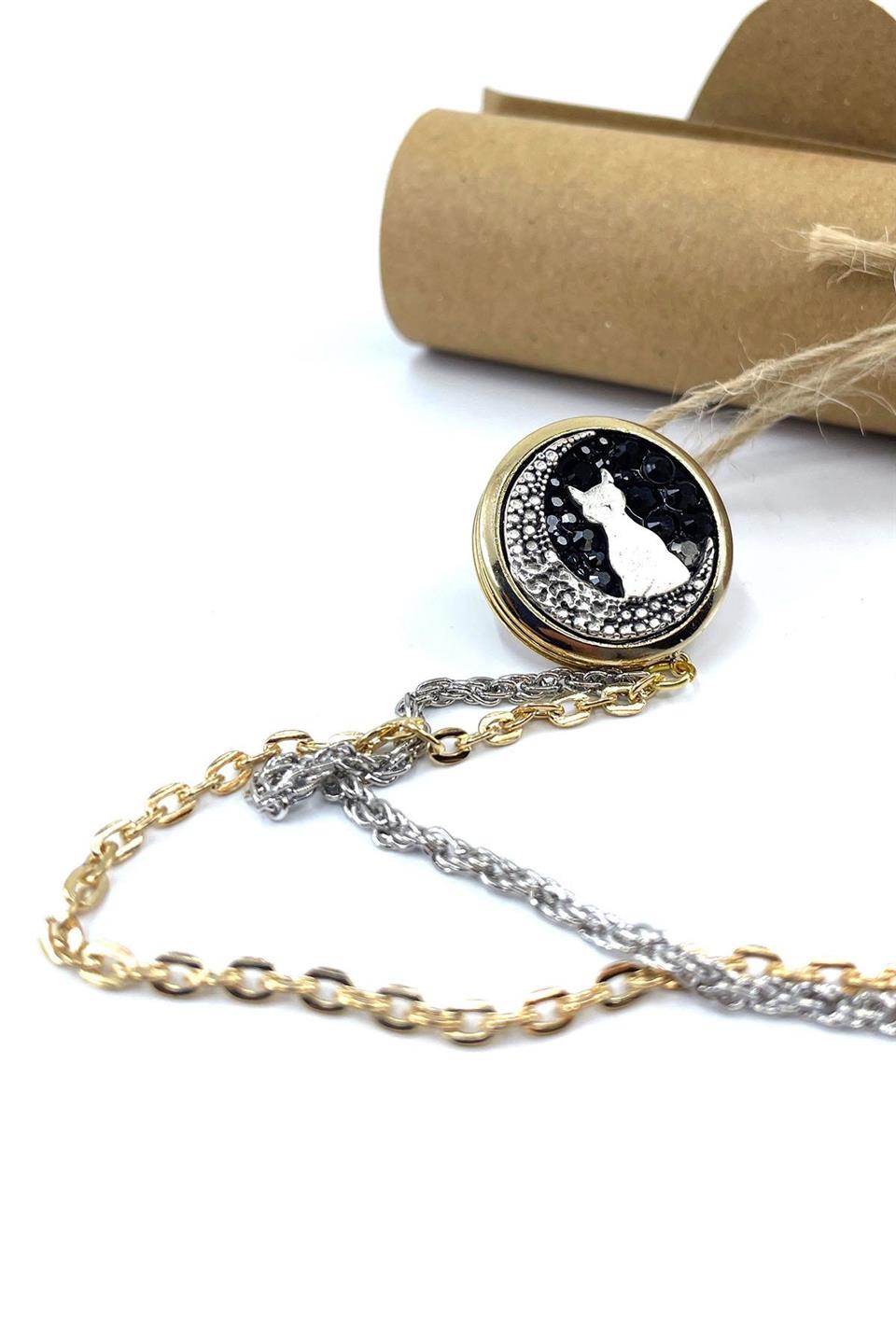 Altın Renk Kedi Motif Siyah Taşlı Ceket Yaka İğnesi YI401