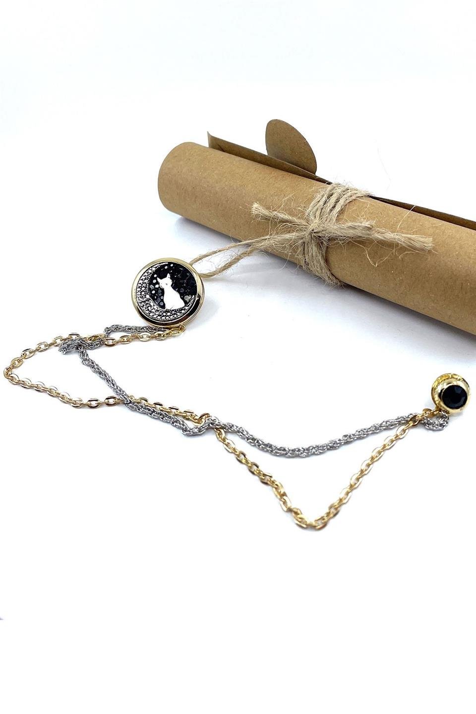 Altın Renk Kedi Motif Siyah Taşlı Ceket Yaka İğnesi YI401