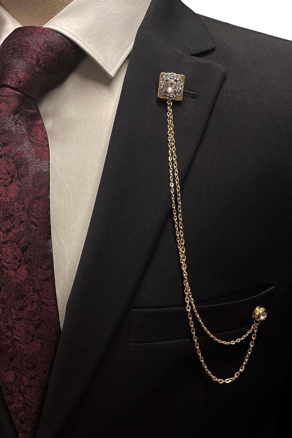 Altın Renk Kristal Taşlı Zincirli Ceket Yaka İğnesi YI374