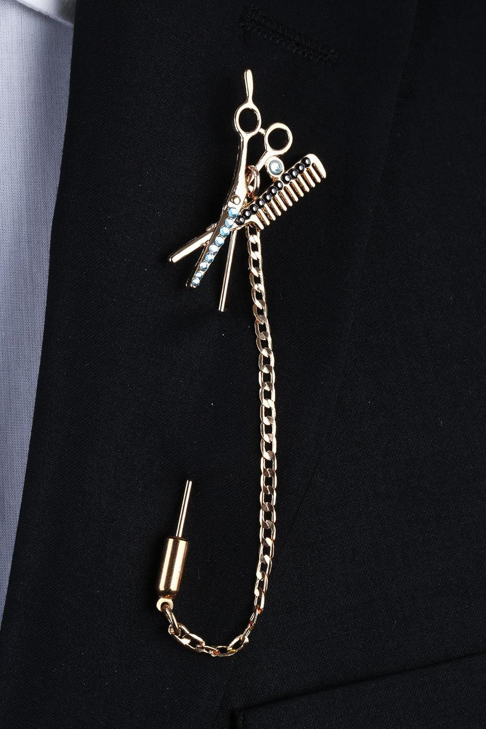 Altın Renk Makas Tarak Motif Yaka İğnesi YI273