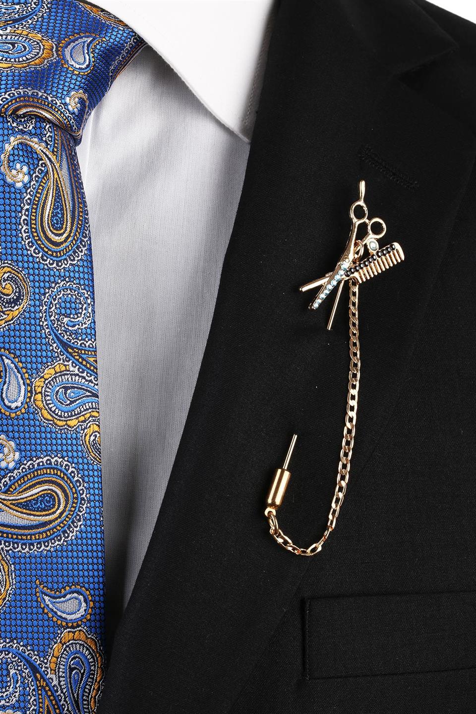 Altın Renk Makas Tarak Motif Yaka İğnesi YI273