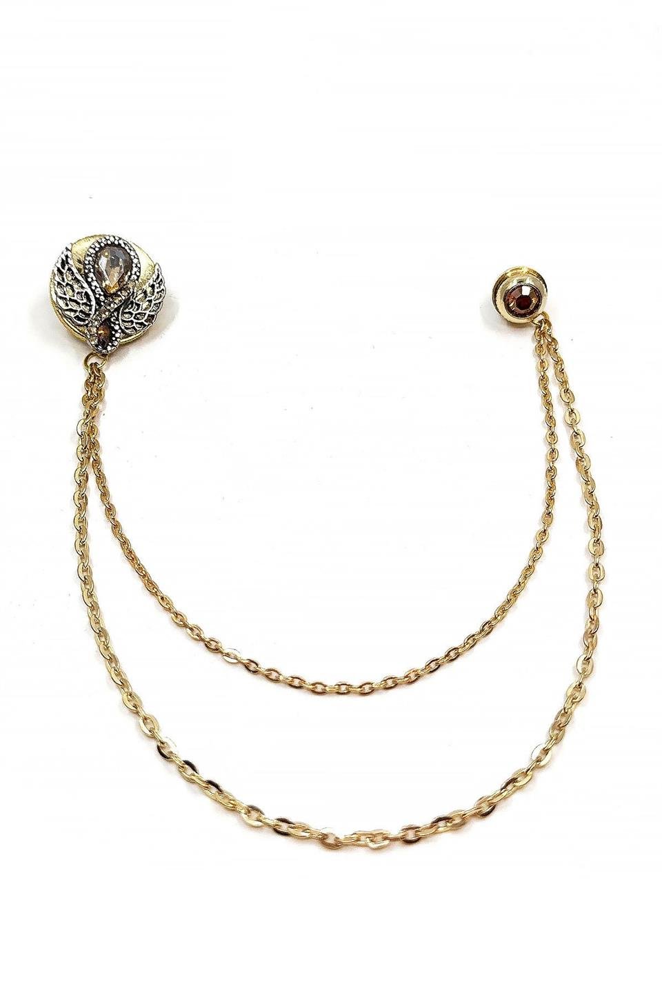 Altın Renk Melek Kanatlı Taşlı Zincirli Ceket Yaka İğnesi YI409