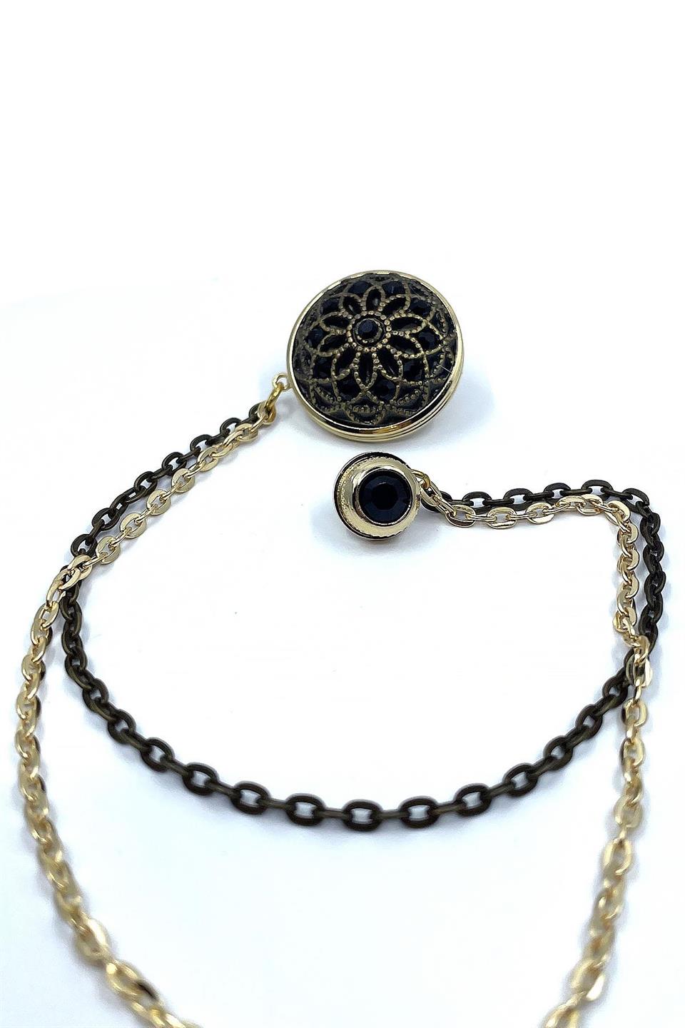 Altın Renk Siyah Taşlı Zincirli Ceket Yaka İğnesi YI362