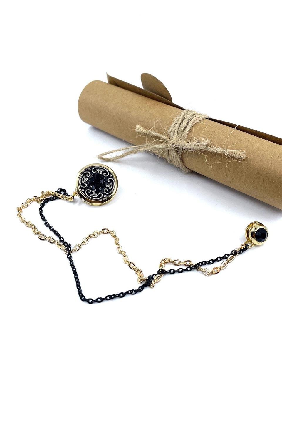 Altın Renk Siyah Taşlı Zincirli Ceket Yaka İğnesi YI397