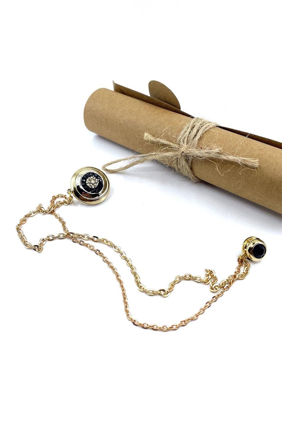 Altın Renk Siyah Taşlı Zincirli Ceket Yaka İğnesi YI395