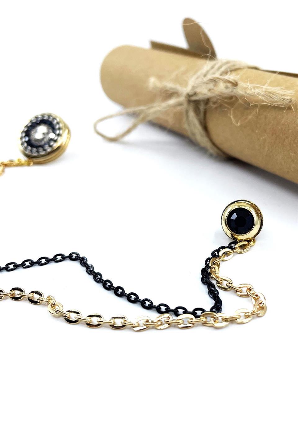 Altın Renk Siyah Zİncirli Ceket Yaka İğnesi YI396