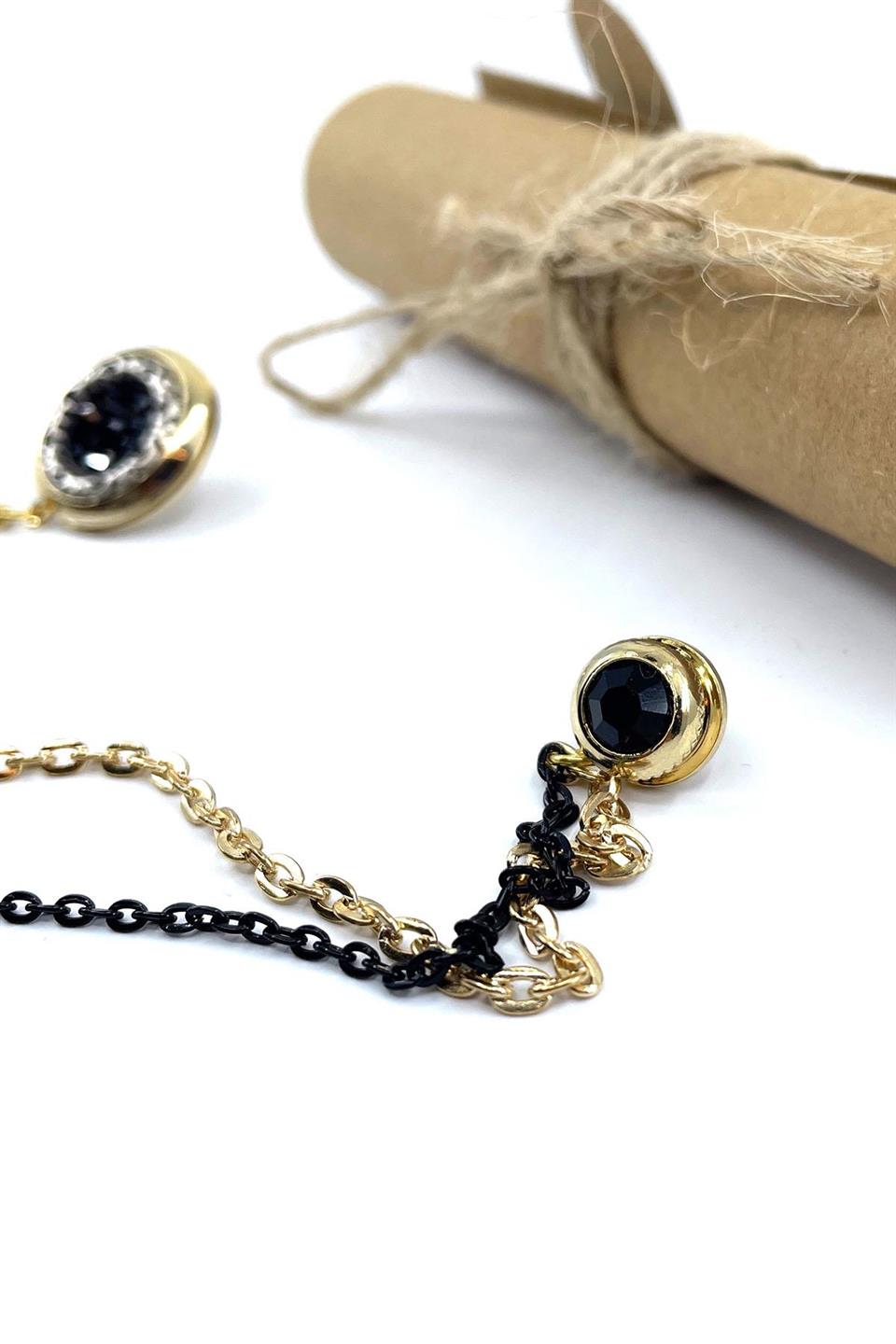 Altın Renk Siyah Zİncirli Ceket Yaka İğnesi YI398